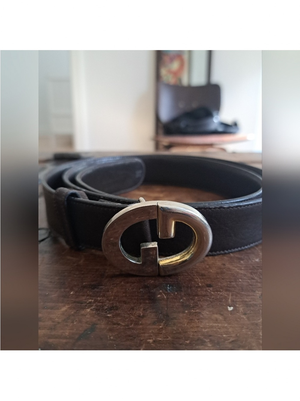 Vintage Gucci Dark Brown Leather Belt with Brushed Metal Buckle